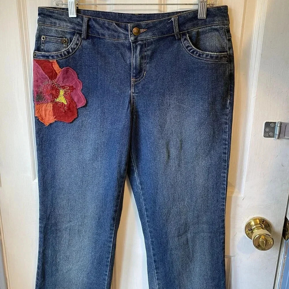VTG FISHING JEANS Y2K MID RISE DARKBLUE Floral XL RAVE PUNKY FISH STRETCH POCKET